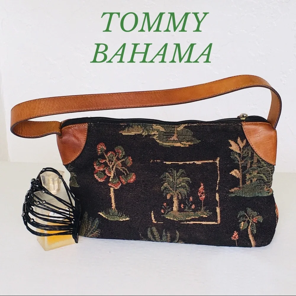 TOMMY BAHAMA PRINTED CANVAS LEATHER TRIMS SHOULDER BAG